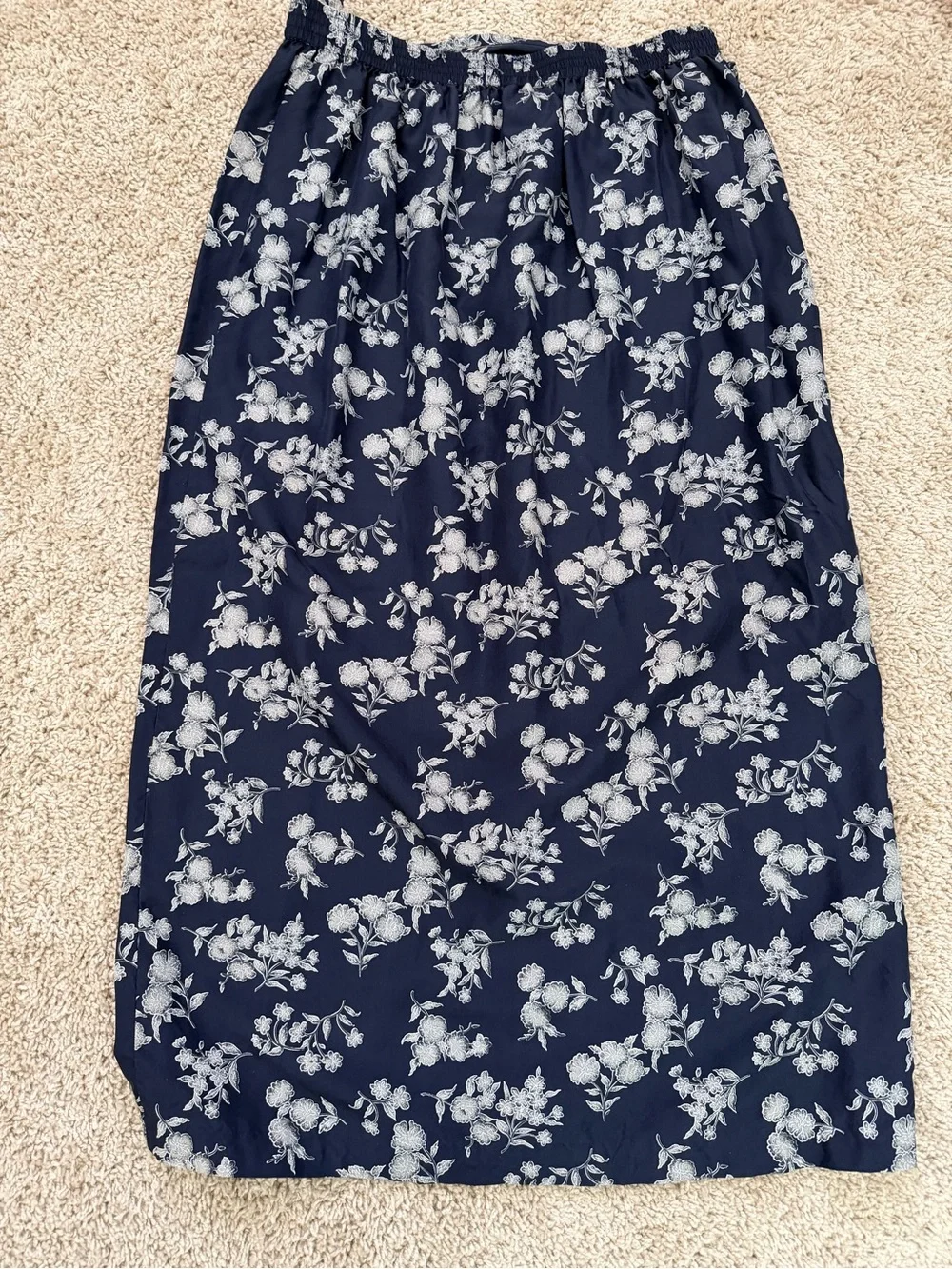 Chaus Navy Silk Skirt with White Floral Print